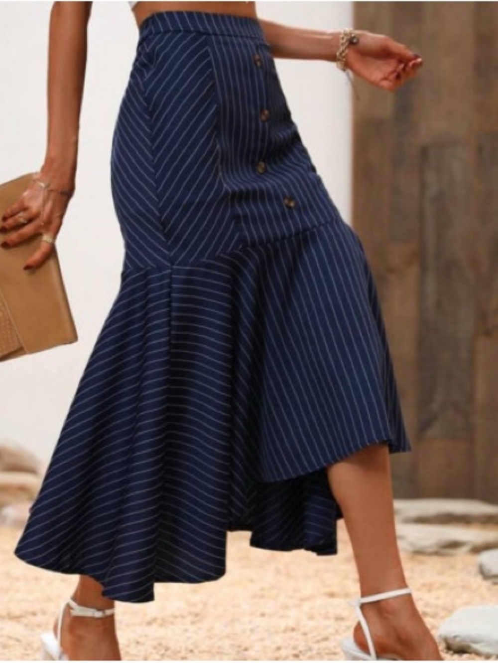 Chic Unbranded Old Money Navy Blue Pinstripe Midi Maxi Mermaid Skirt S/M